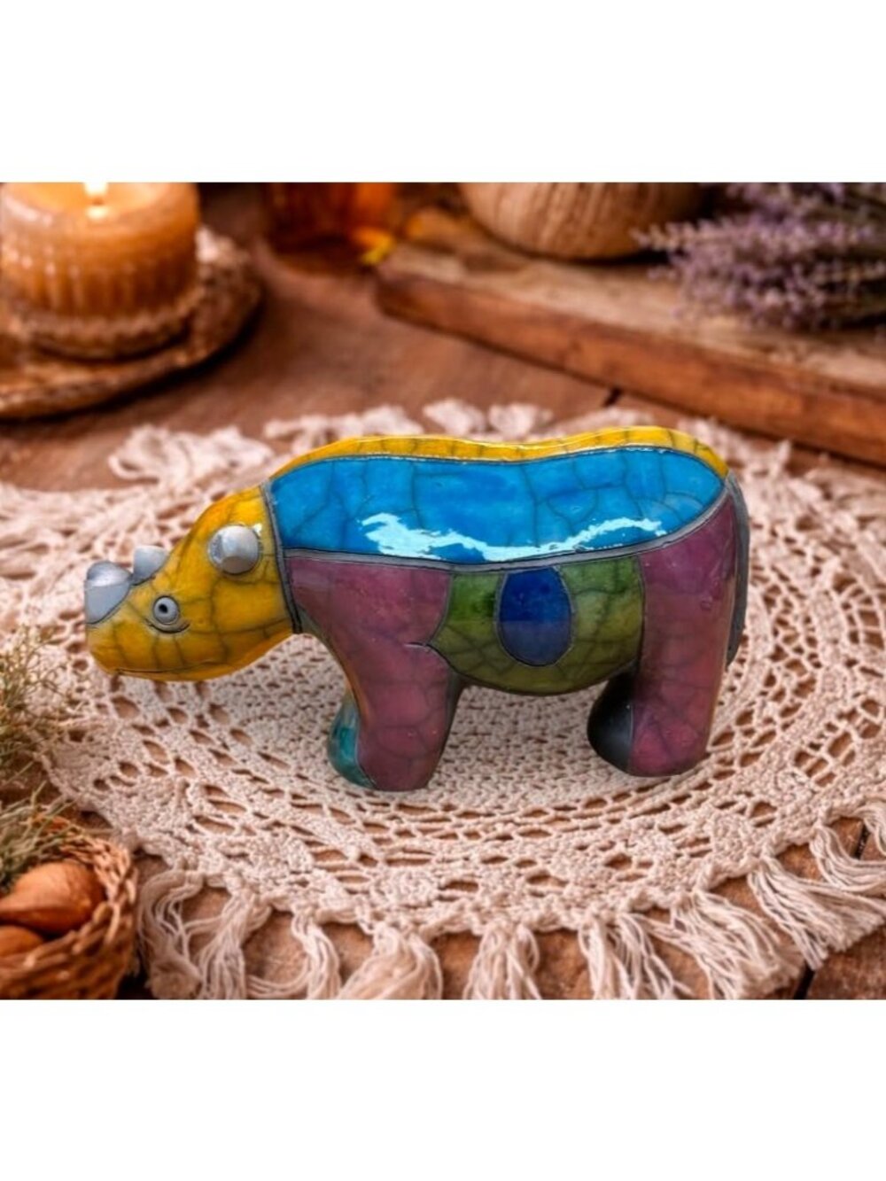 Raku Pottery Rhinoceros Figurine South Africa Hand Made Signed 8 inch Animal Fig